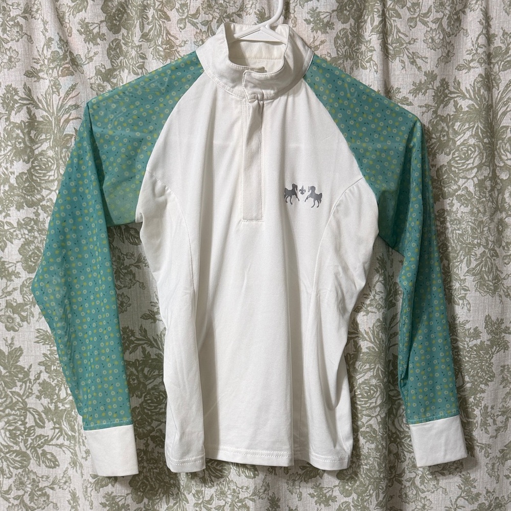Essex White Equestrian Long Sleeve Riding Shirt with Teal Patterned Sleeves